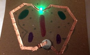 Butterfly paper circuit: LED light, battery, and copper tape
