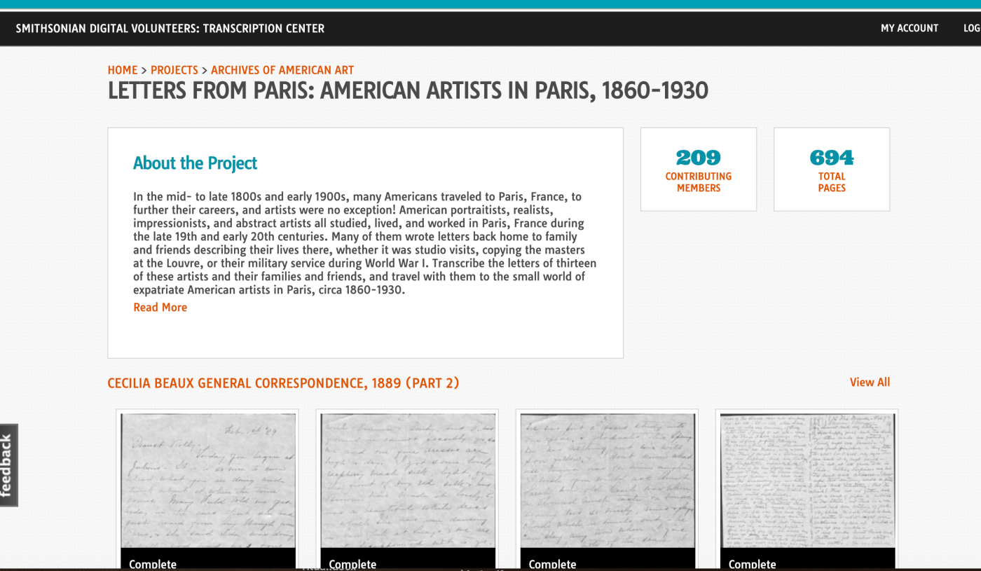Smithsonian Transcription Center webpage