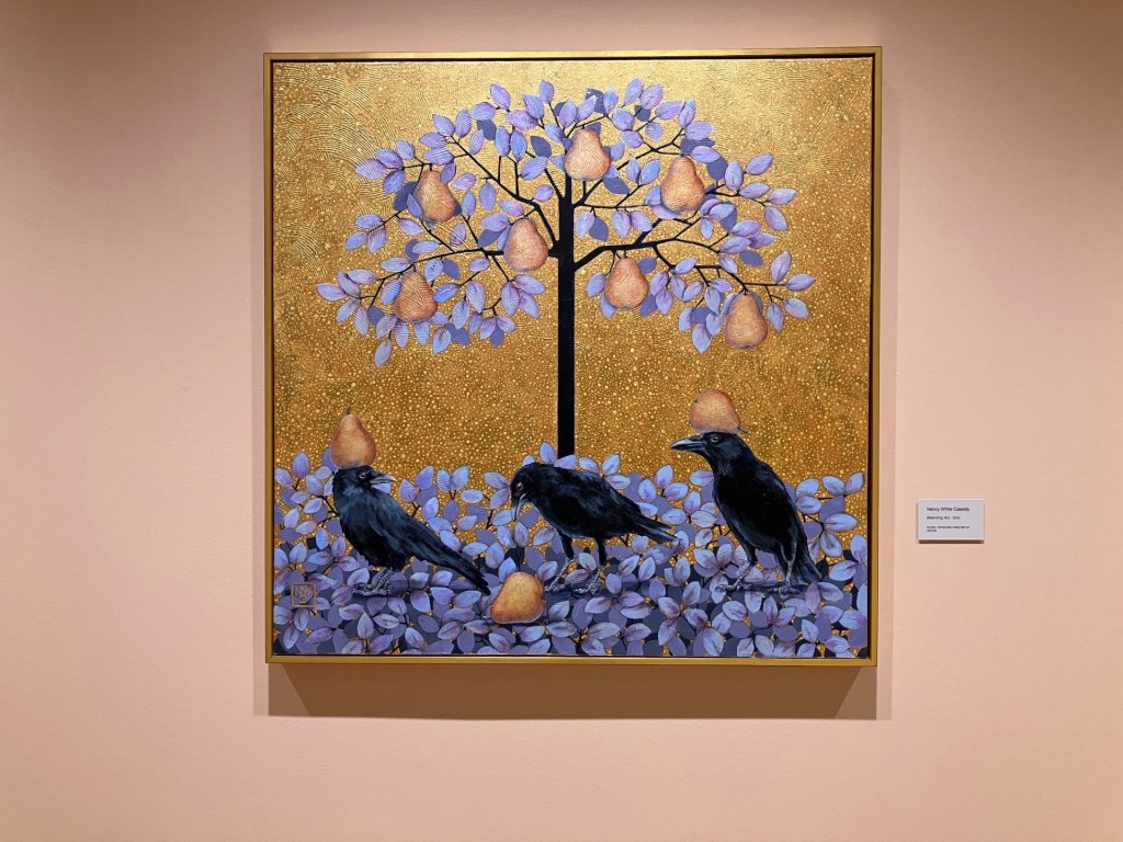 painting with three crows standing under a pear tree