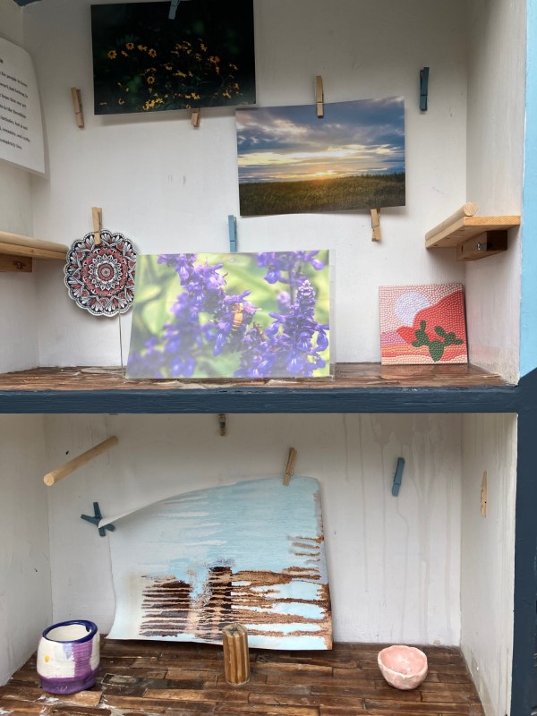 art exhibit with small pieces of art